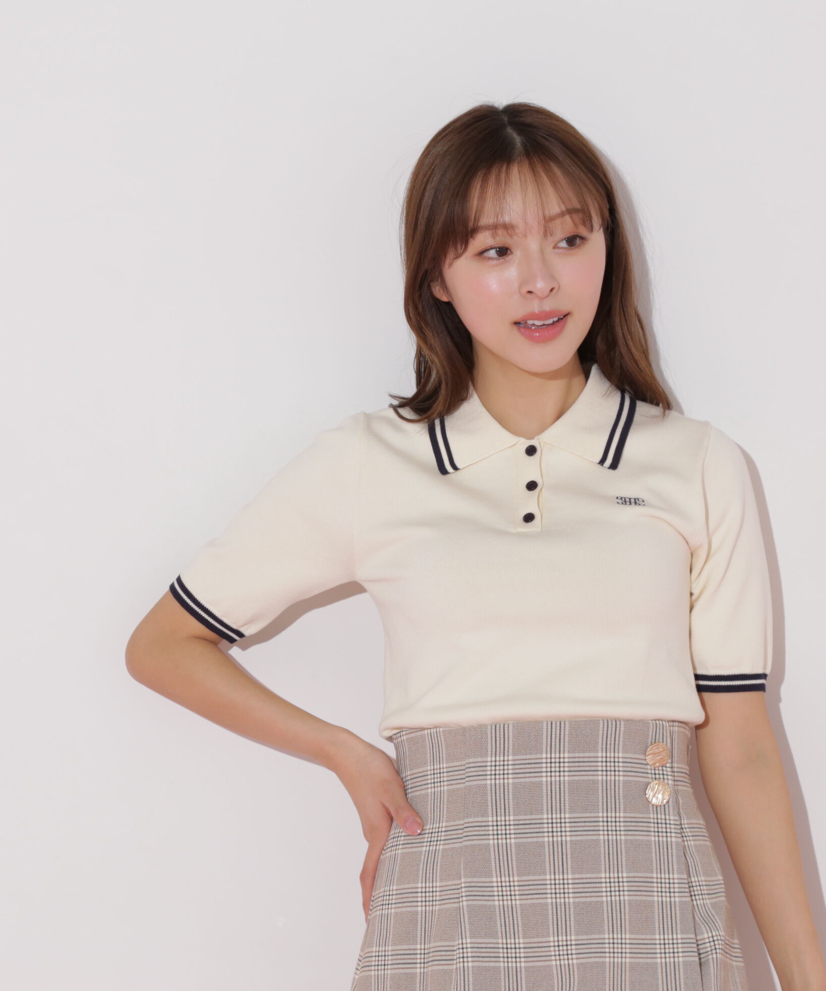  「バイカラーポロシャツ五分袖ニット」|ニット・セーター|