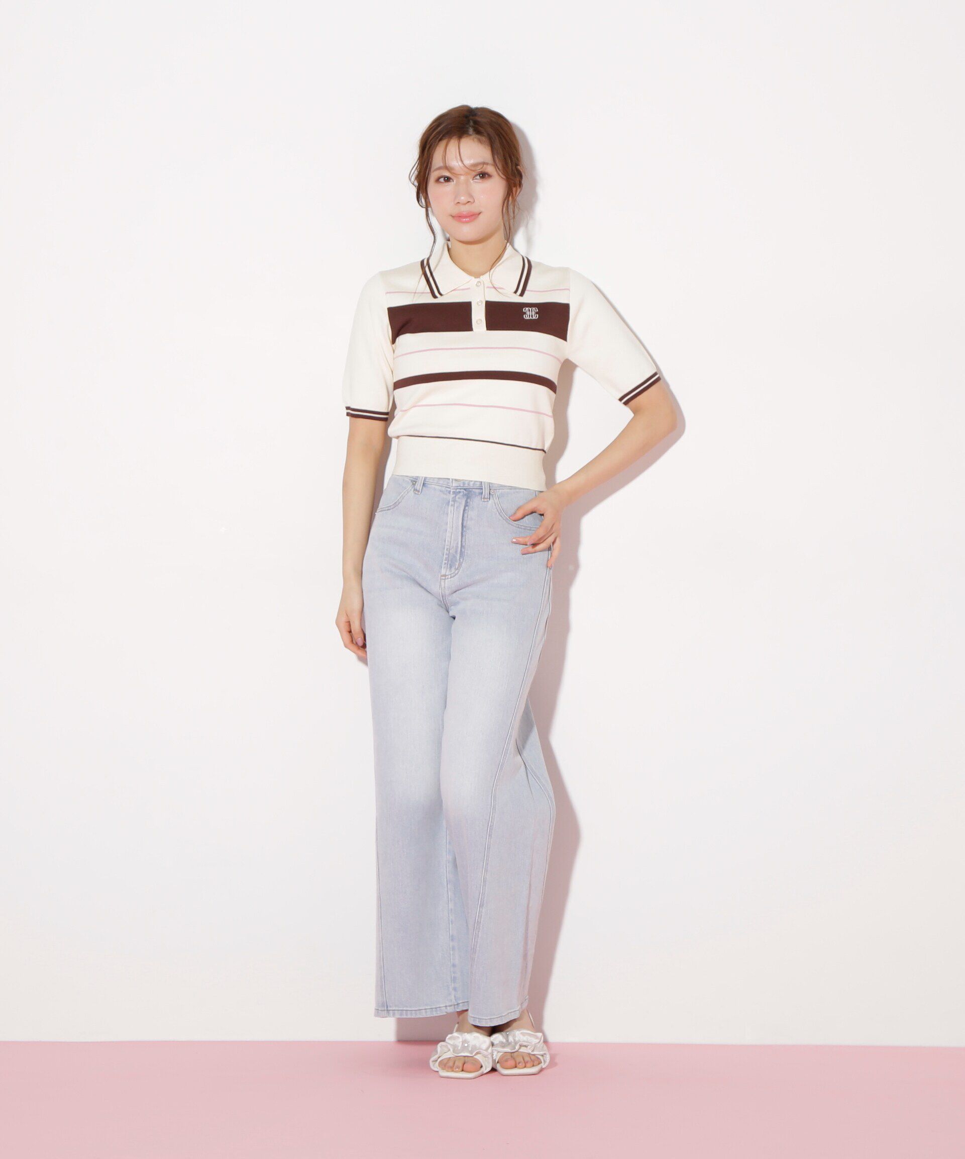  「バイカラーポロシャツ五分袖ニット」|ニット・セーター|