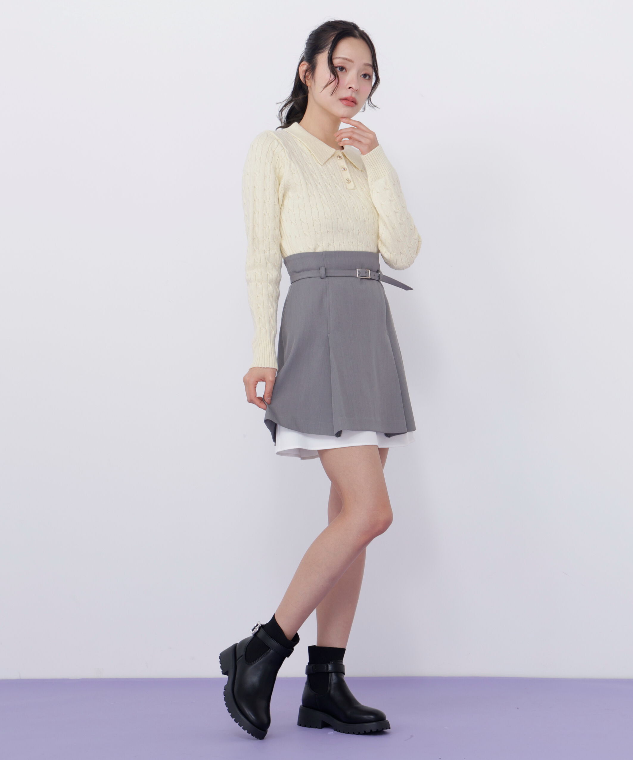  「ポロ衿コットンブレンドケーブルニット」|ニット・セーター|