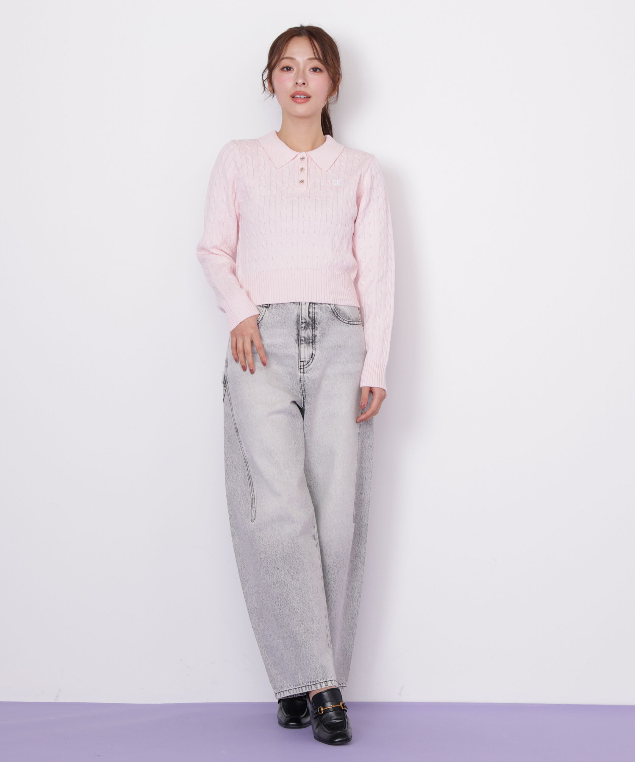  「ポロ衿コットンブレンドケーブルニット」|ニット・セーター|