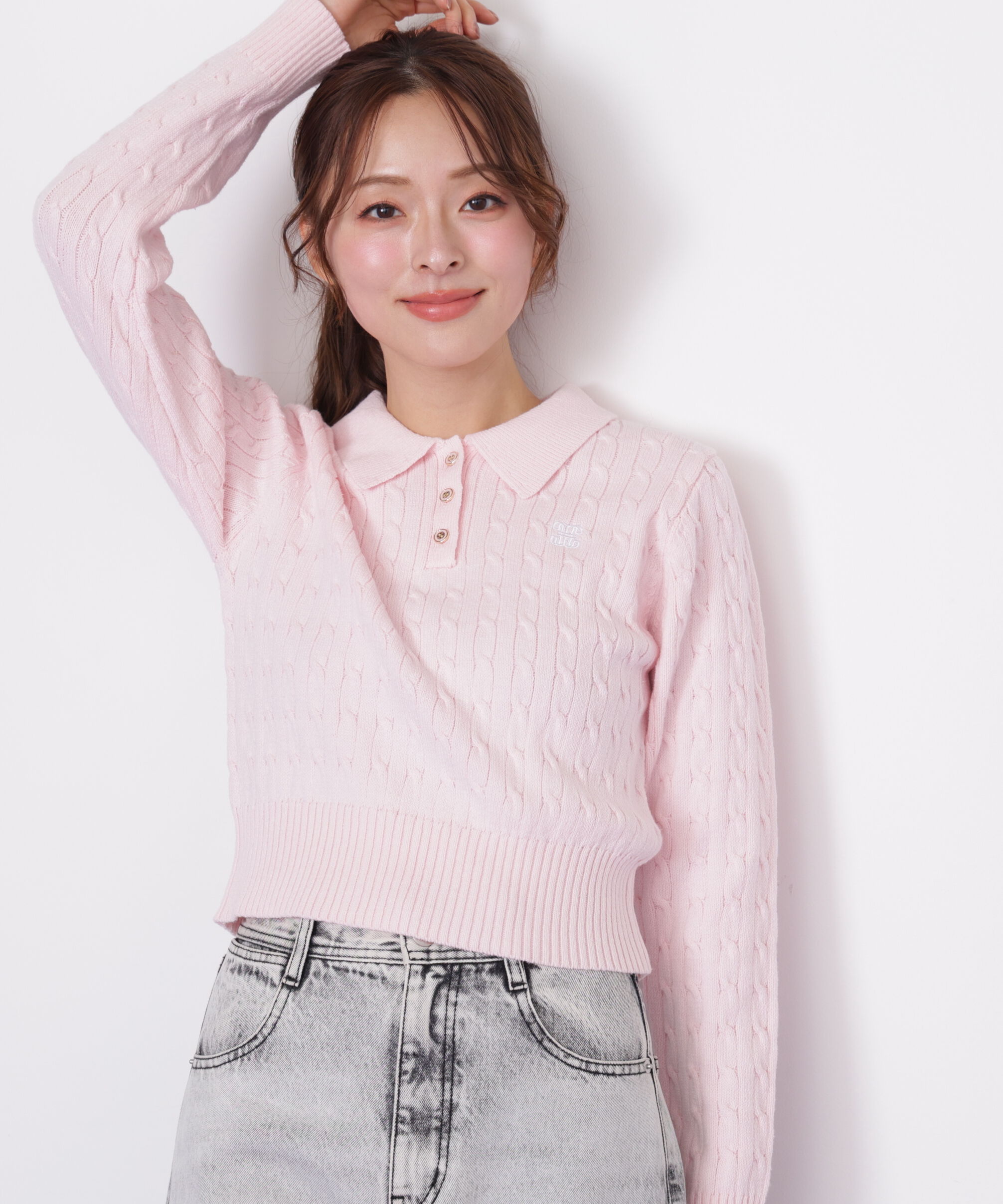  「ポロ衿コットンブレンドケーブルニット」|ニット・セーター|