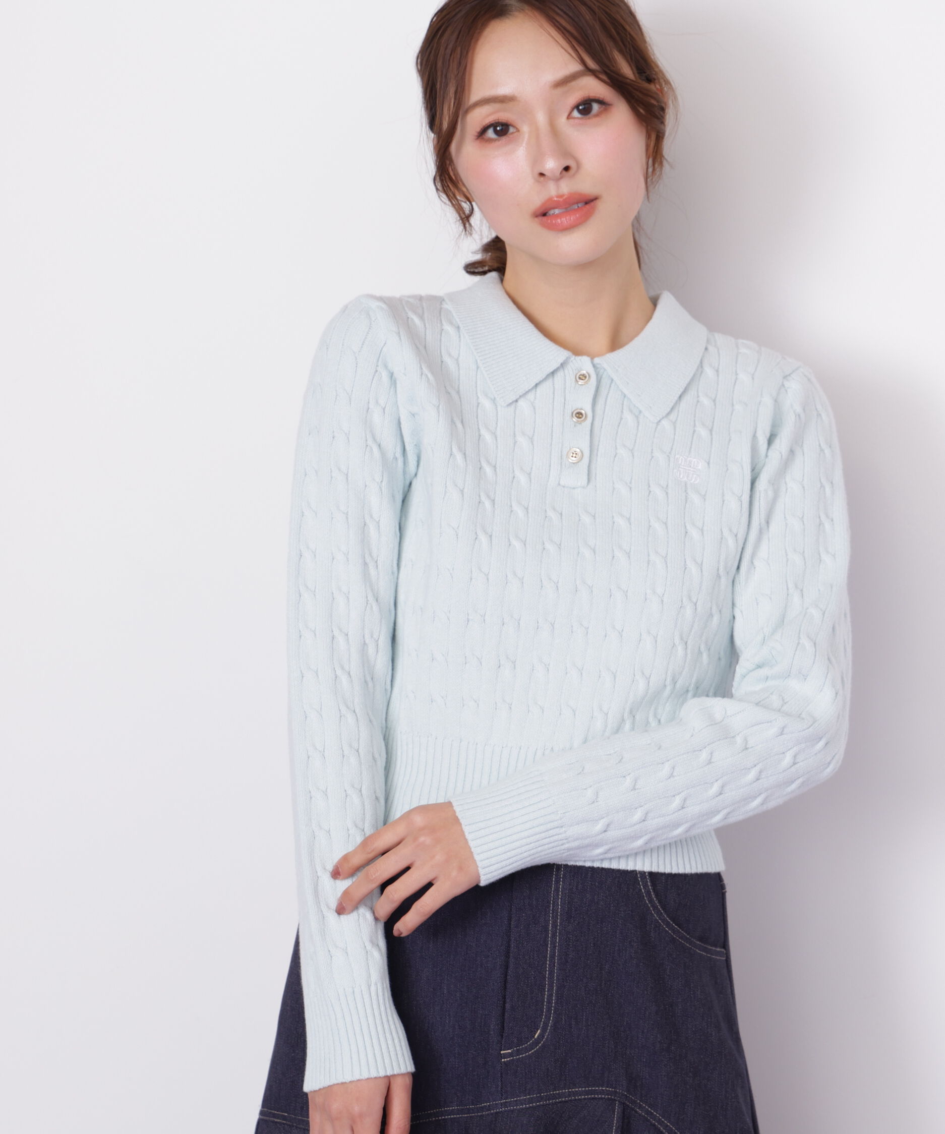  「ポロ衿コットンブレンドケーブルニット」|ニット・セーター|