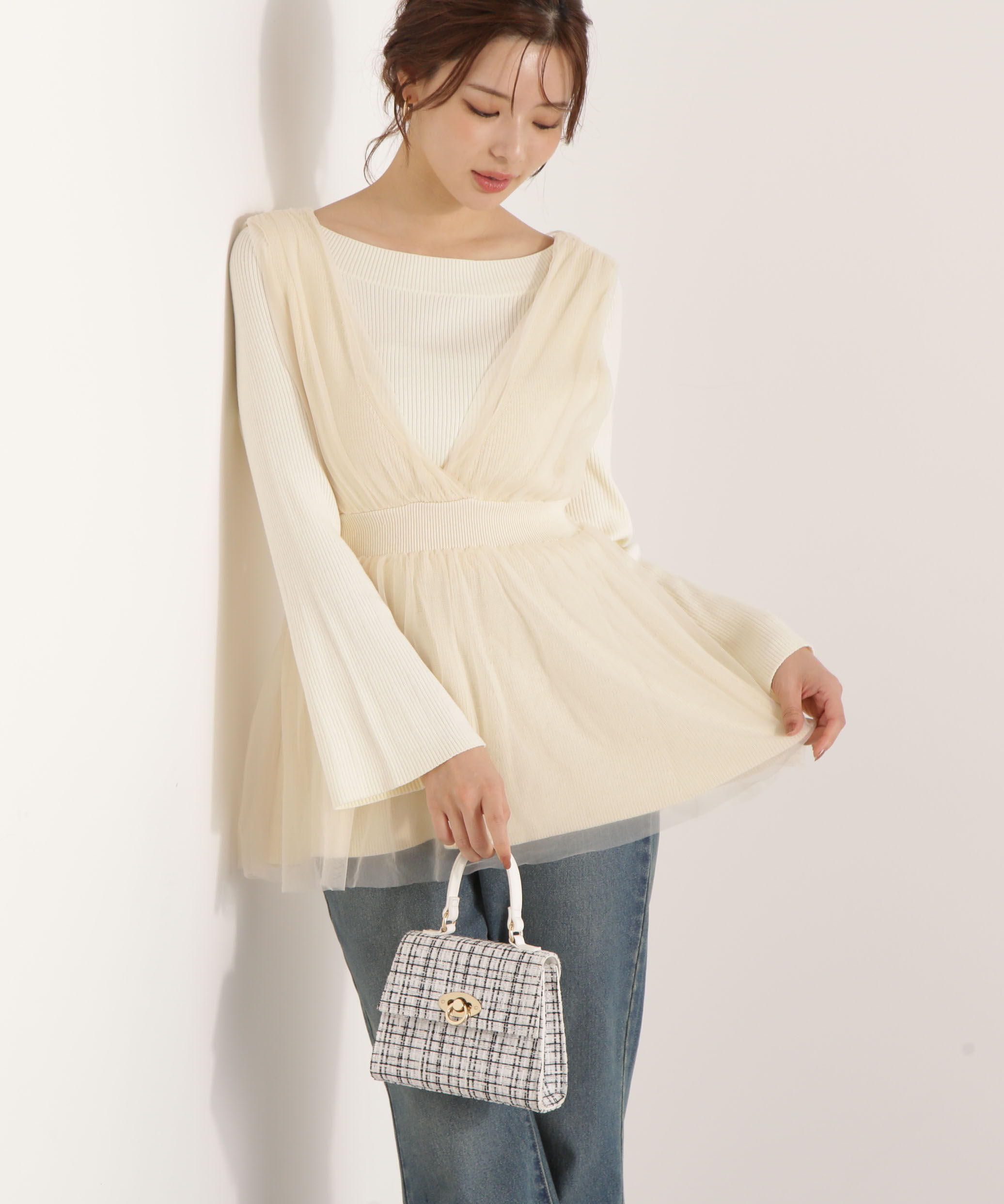 PROPORTION BODY DRESSING「チュールドッキングニットジレ 25AW」|ニット・セーター|アイボリー2