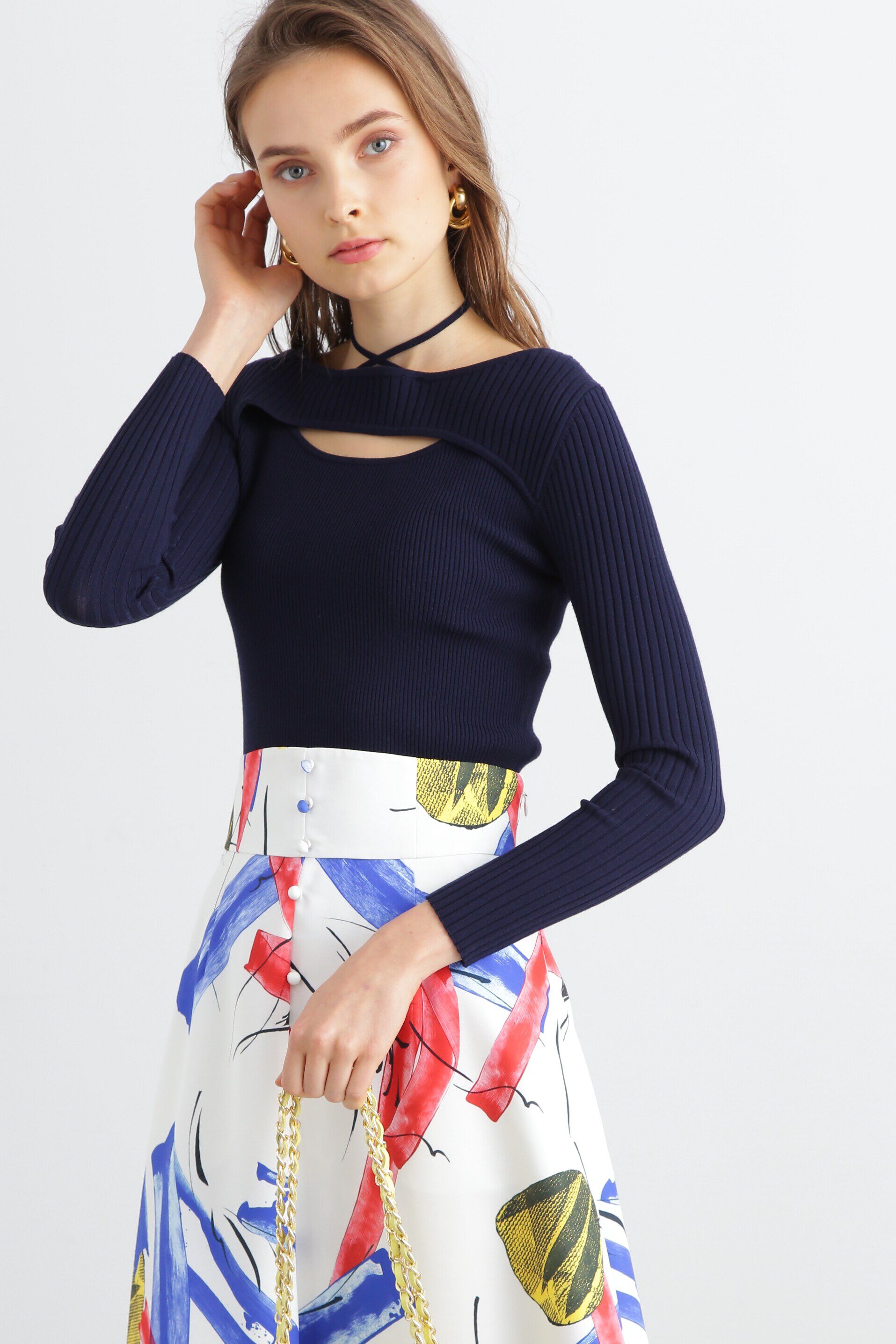  「◆ミックスリブカットアウトプルオーバー」|ニット・セーター|ネイビー