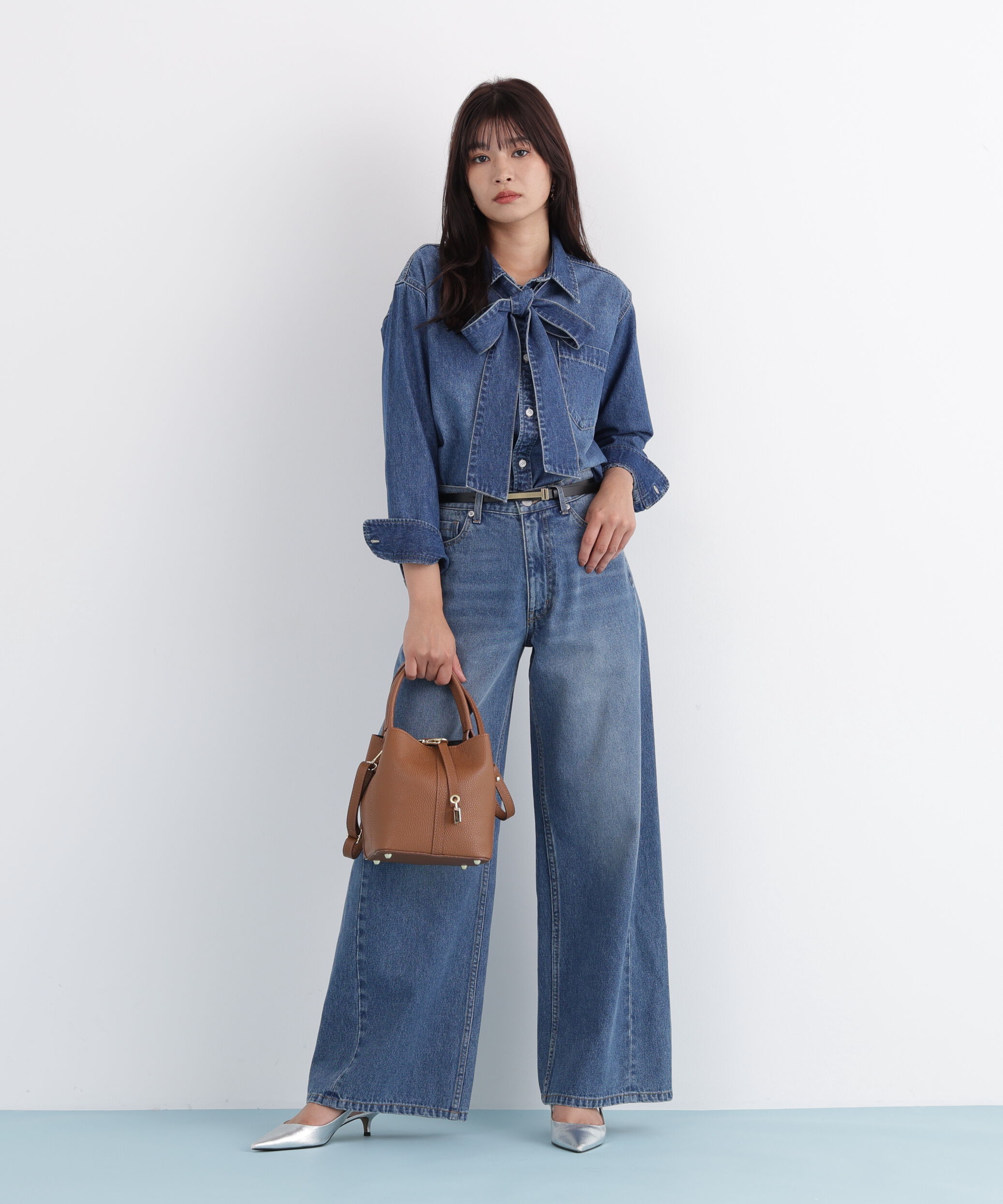 「ネックリボンデニムシャツ」|シャツ・ブラウス|