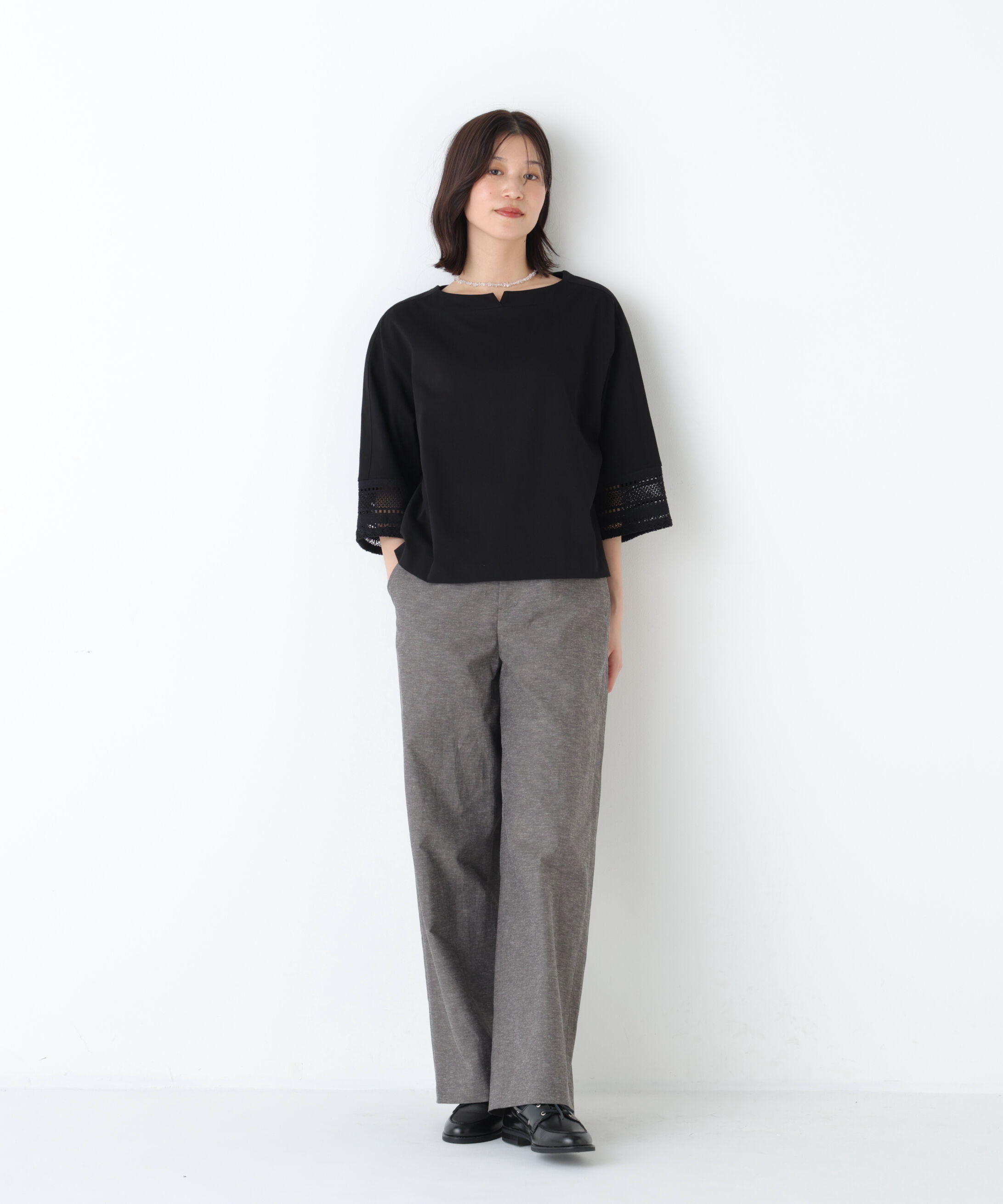  「◆袖レース強撚糸ＴＯＰＳ」|Tシャツ・カットソー|