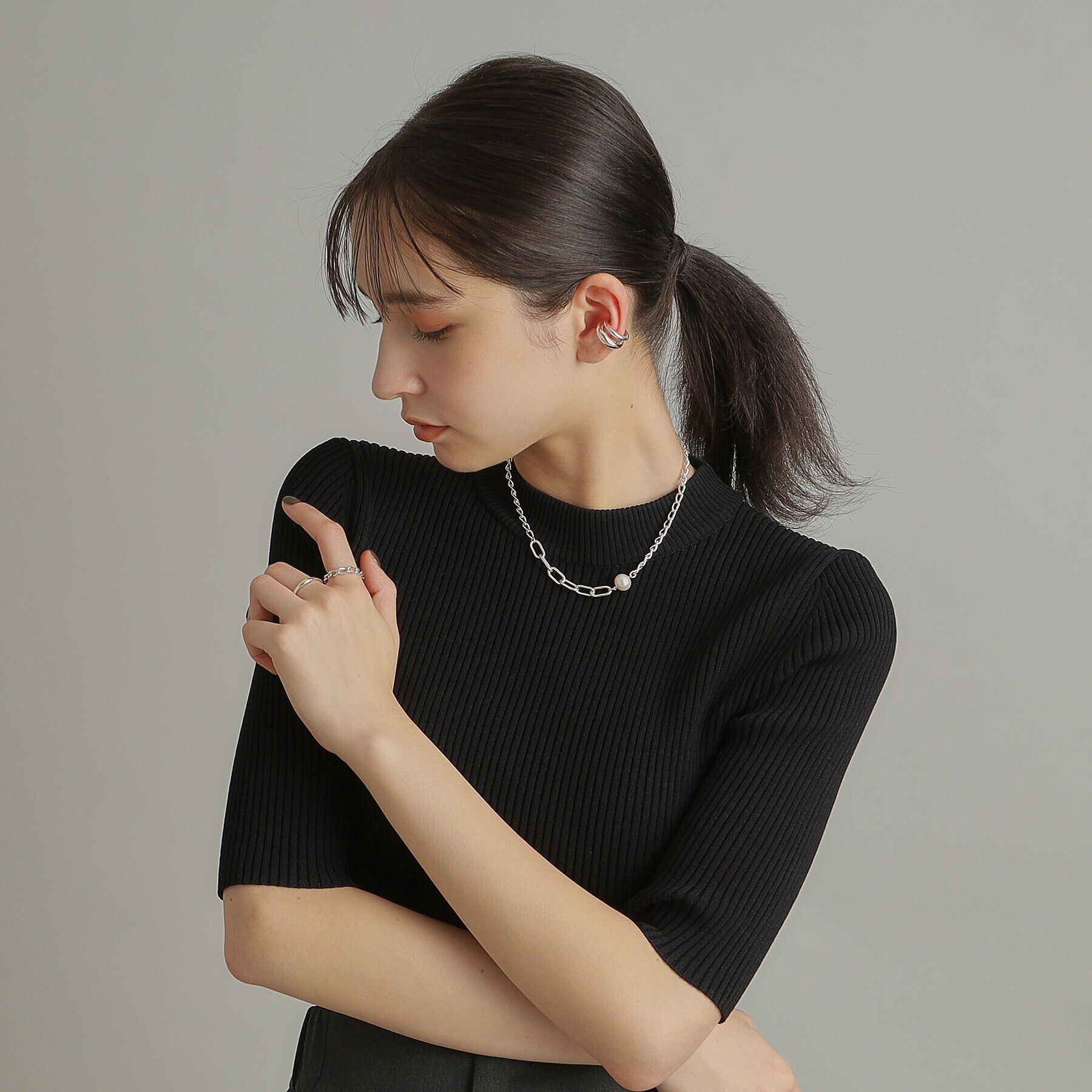 COCOSHNIK ONKITSCH「シルバー ミックスチェーン ロングカーブ・ケーブル パールネックレス」|ネックレス|