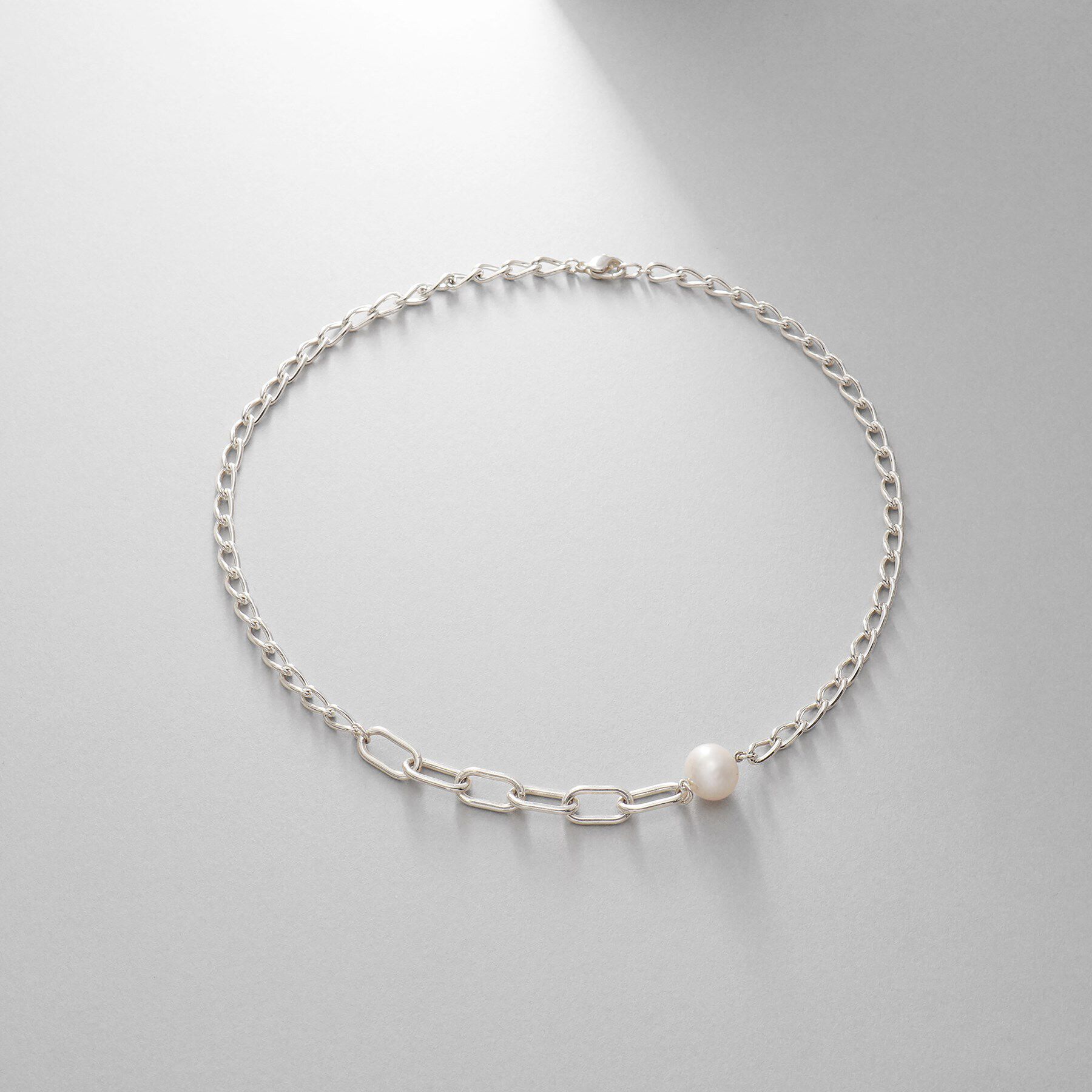 COCOSHNIK ONKITSCH「シルバー ミックスチェーン ロングカーブ・ケーブル パールネックレス」|ネックレス|