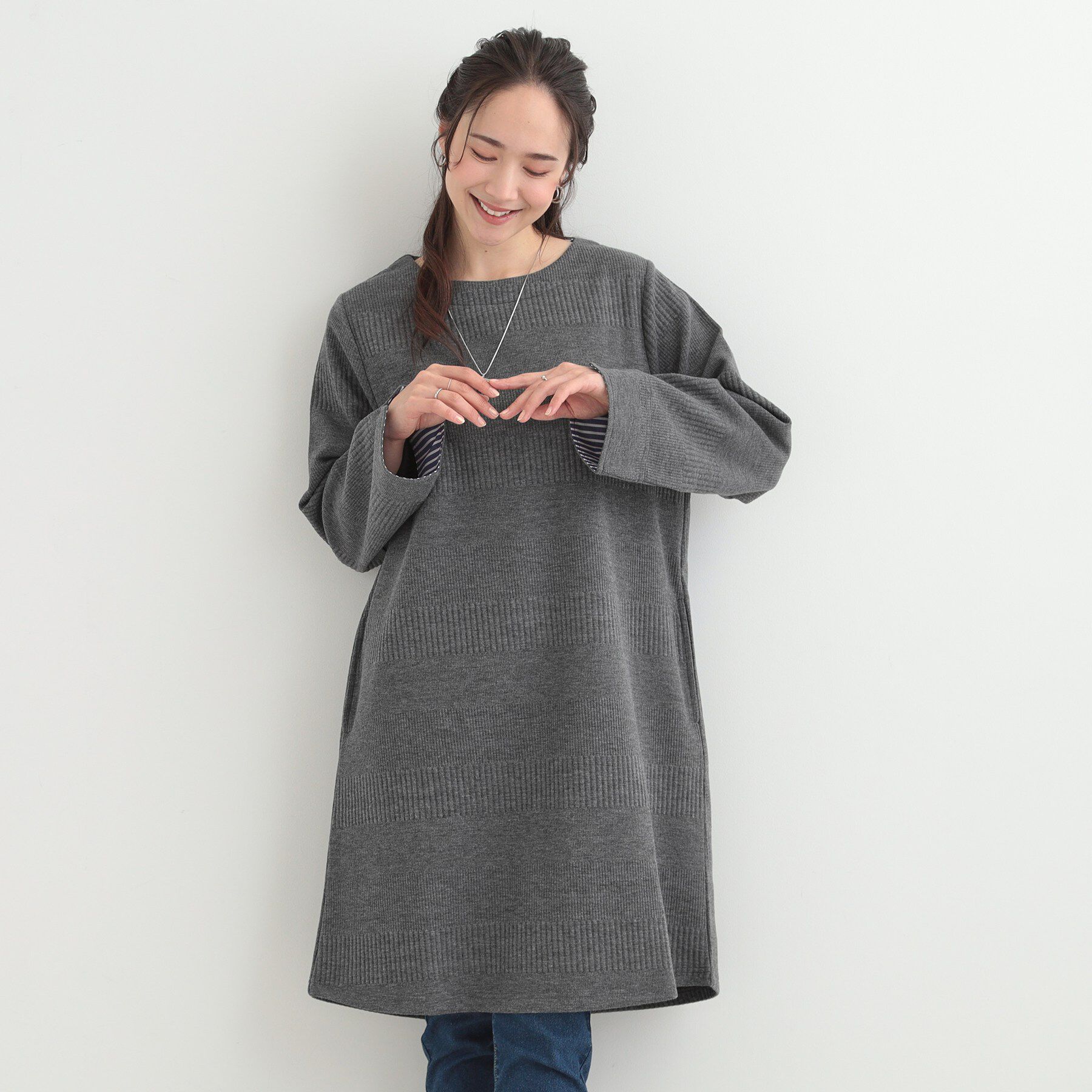 SHOO･LA･RUE「【体型カバー/洗濯機可/S-LL】お袖ストライプAラインチュニック」|チュニック|