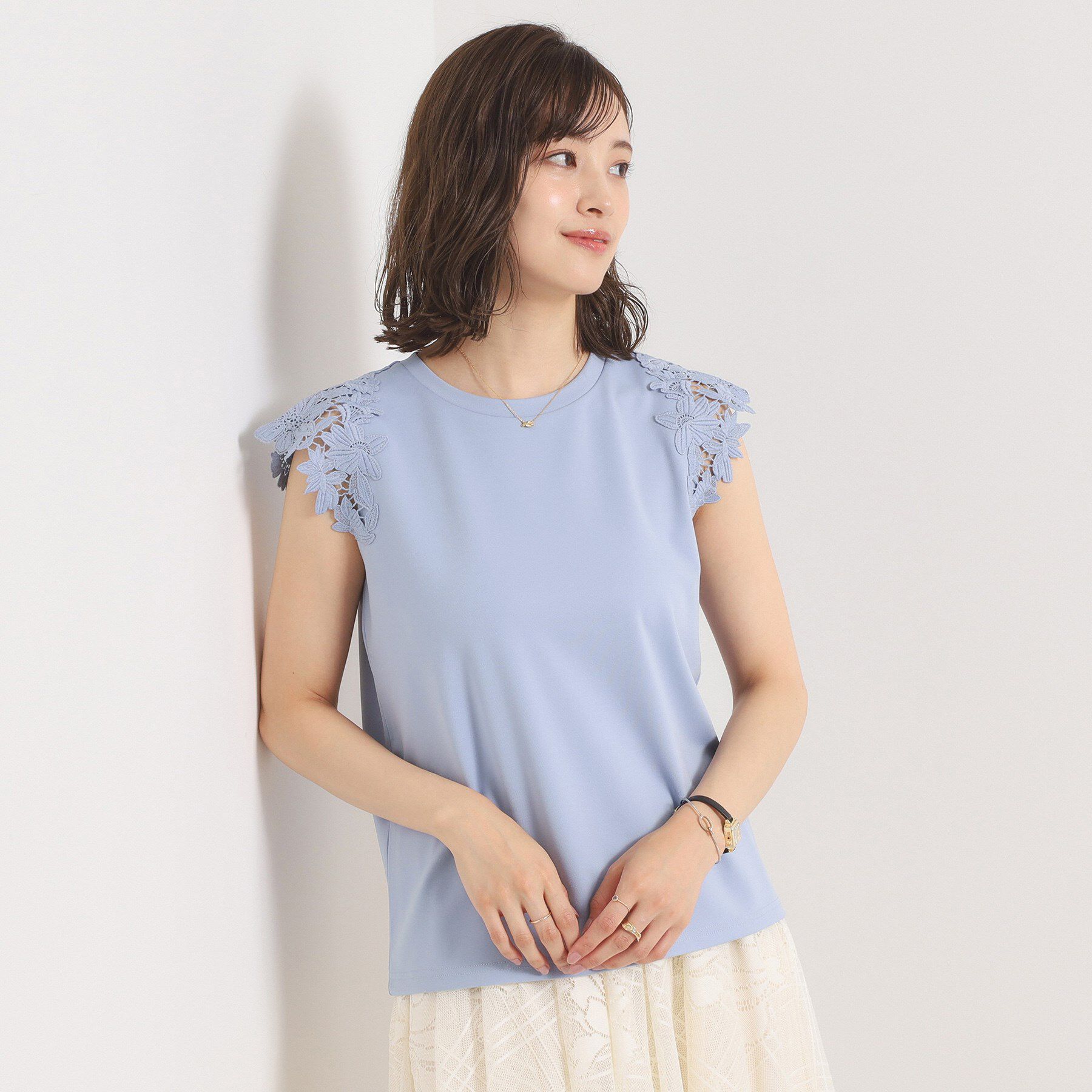 ITS&rsquo;DEMO「【手洗い可】袖レースポンチプルオーバー」|Tシャツ・カットソー|サックスブルー(09