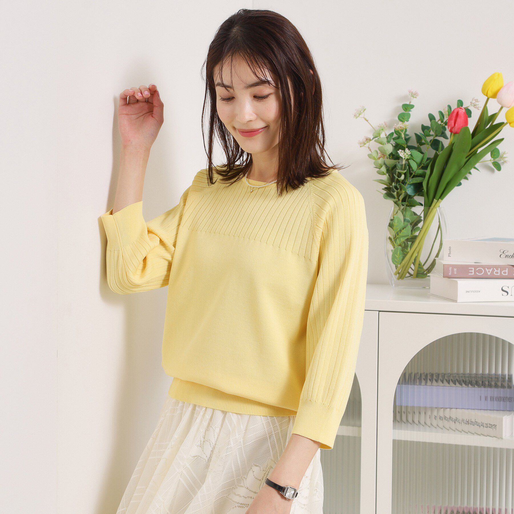 ITS&rsquo;DEMO「【繰り返し洗える／毛玉防止／洗濯機OK】タフニット リブ切替ニットプルオーバー」|ニット・セーター|ライトイエロー(03