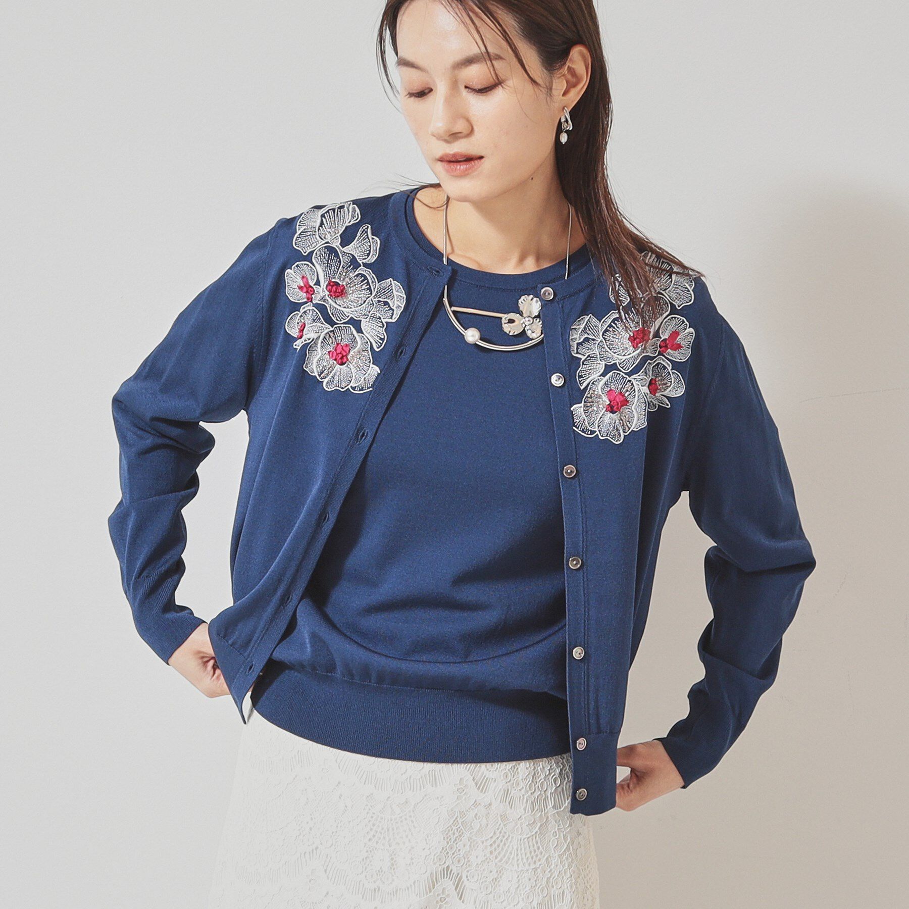 SunaUna「【SS～Lサイズ展開／リボン＆ビーズ刺繍】クラフトニットカーディガン」|カーディガン|