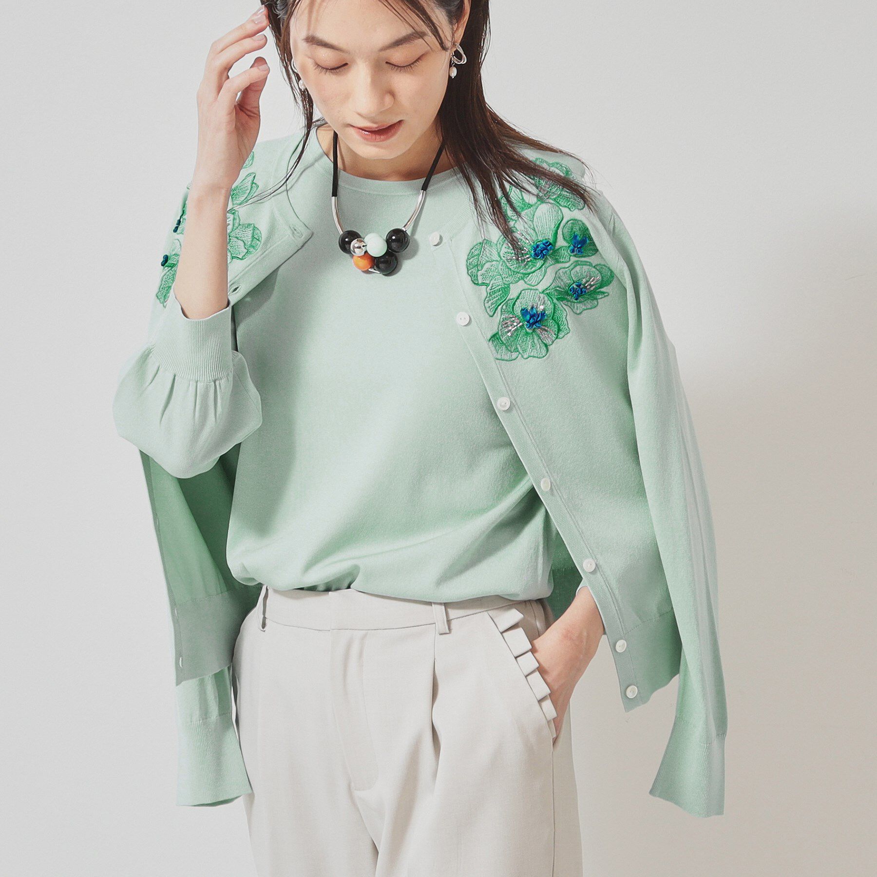 SunaUna「【SS～Lサイズ展開／リボン＆ビーズ刺繍】クラフトニットカーディガン」|カーディガン|