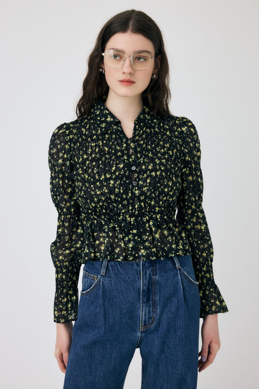 MOUSSY「SHIRRING FLORAL フィットシャツ」|シャツ・ブラウス|柄BLK5