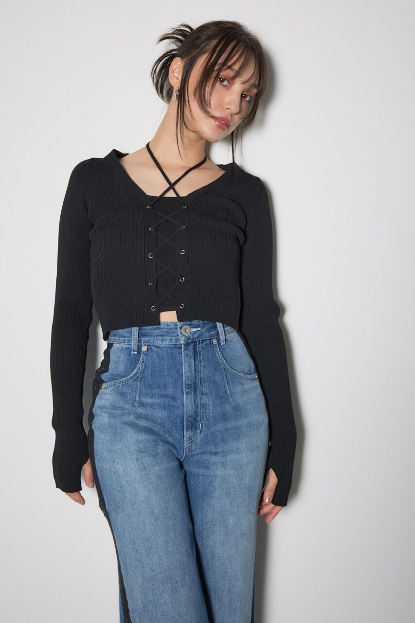 rienda「レースアップリブニットトップス」|ニット・セーター|BLK