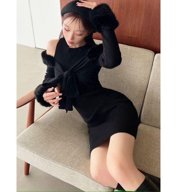 RESEXXY「ポイントフェイクファーミニニットワンピース」|ワンピース|ブラック