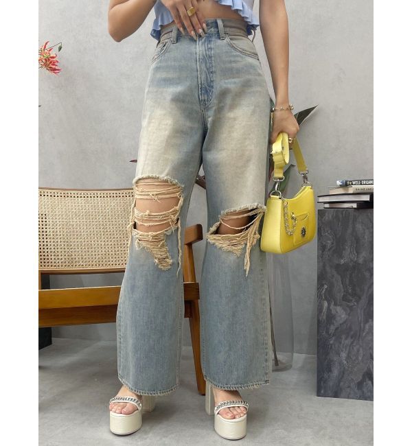 EVRIS「グランジダメージワイドデニムパンツ」|デニム|アイスブルー