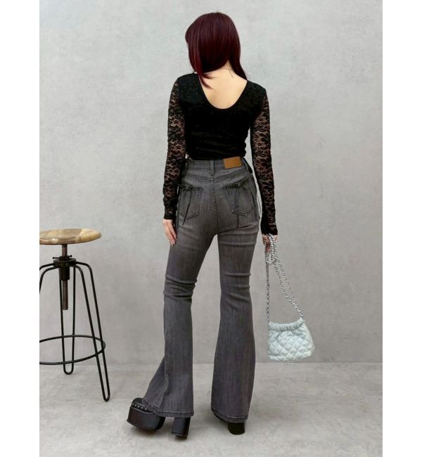 EVRIS「バックリボンフレアデニムパンツ」|デニム|