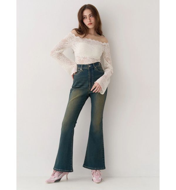 EVRIS「バックリボンフレアデニムパンツ」|デニム|