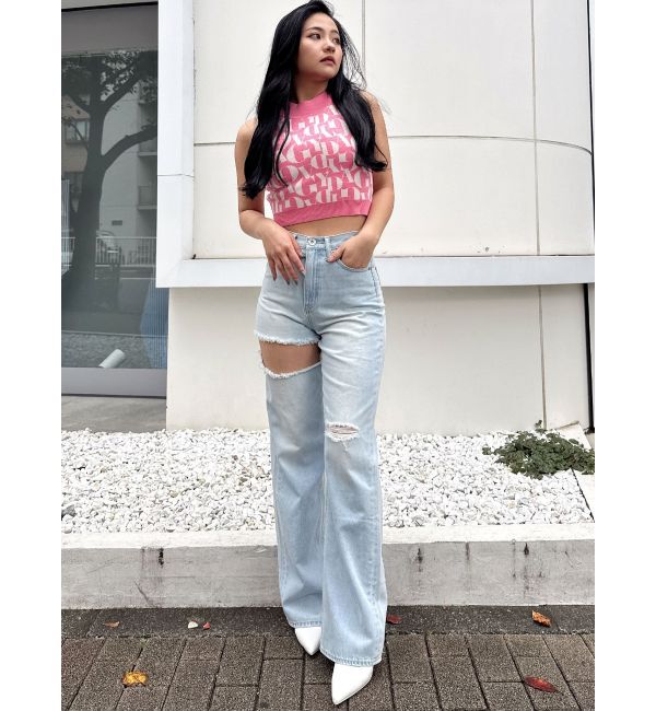 GYDA「ハイウエストSIDE RIPPEDストレートワイドデニムパンツ」|デニム|