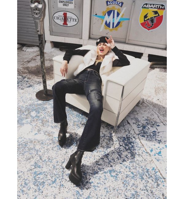 GYDA「ハイウエスト strap cargo designフレアデニムパンツ」|デニム|