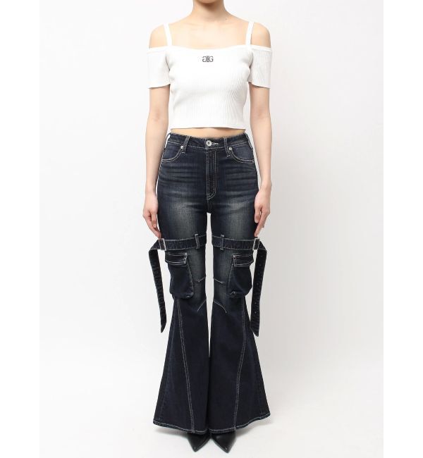 GYDA「ハイウエスト strap cargo designフレアデニムパンツ」|デニム|