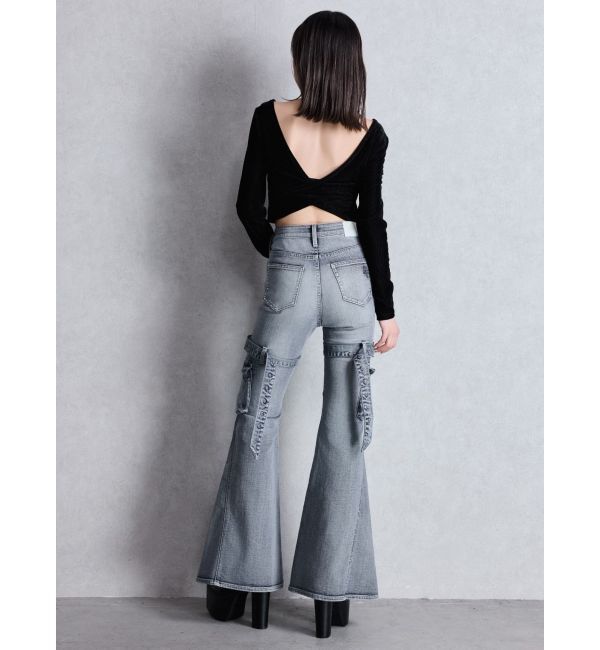 GYDA「ハイウエスト strap cargo designフレアデニムパンツ」|デニム|