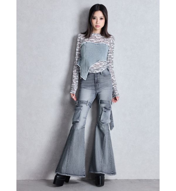 GYDA「ハイウエスト strap cargo designフレアデニムパンツ」|デニム|