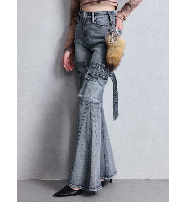 GYDA「ハイウエスト strap cargo designフレアデニムパンツ」|デニム|