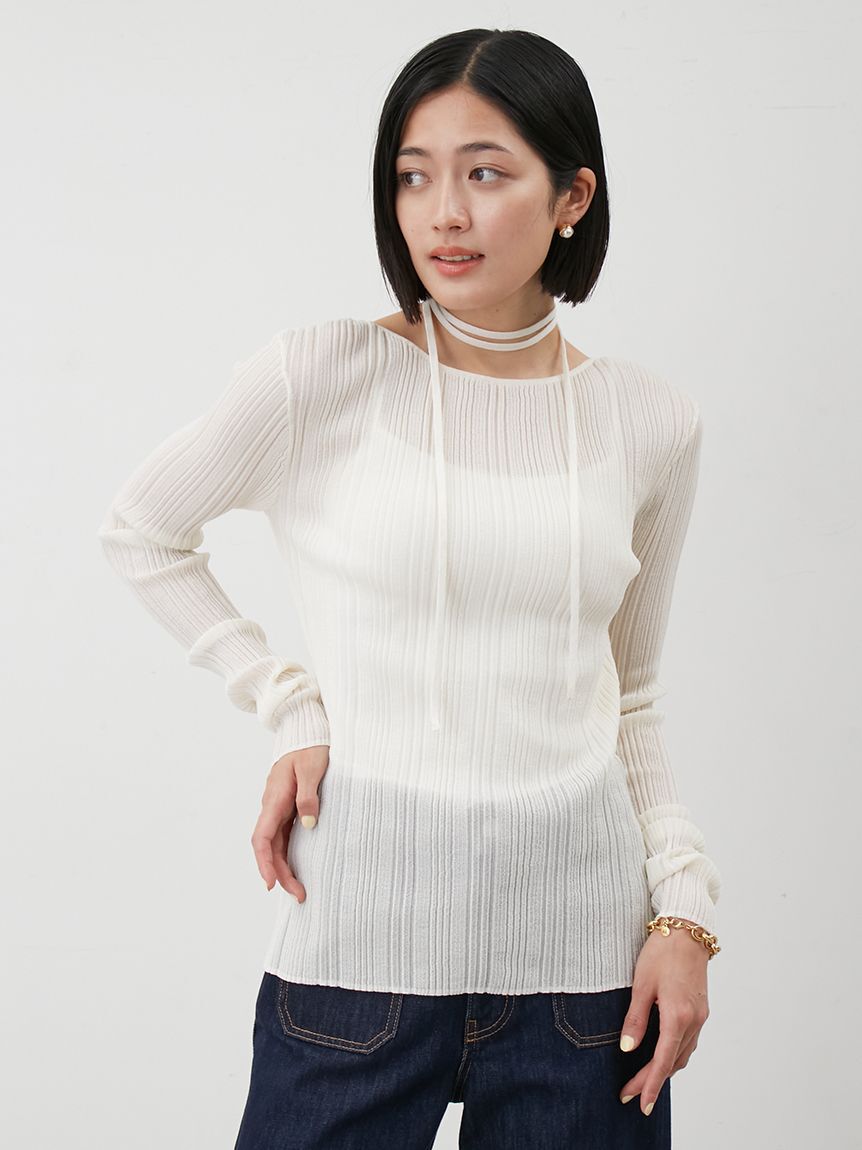 Mila Owen「ボートネックタイ付ランダムリブシアーニット」|ニット・セーター|