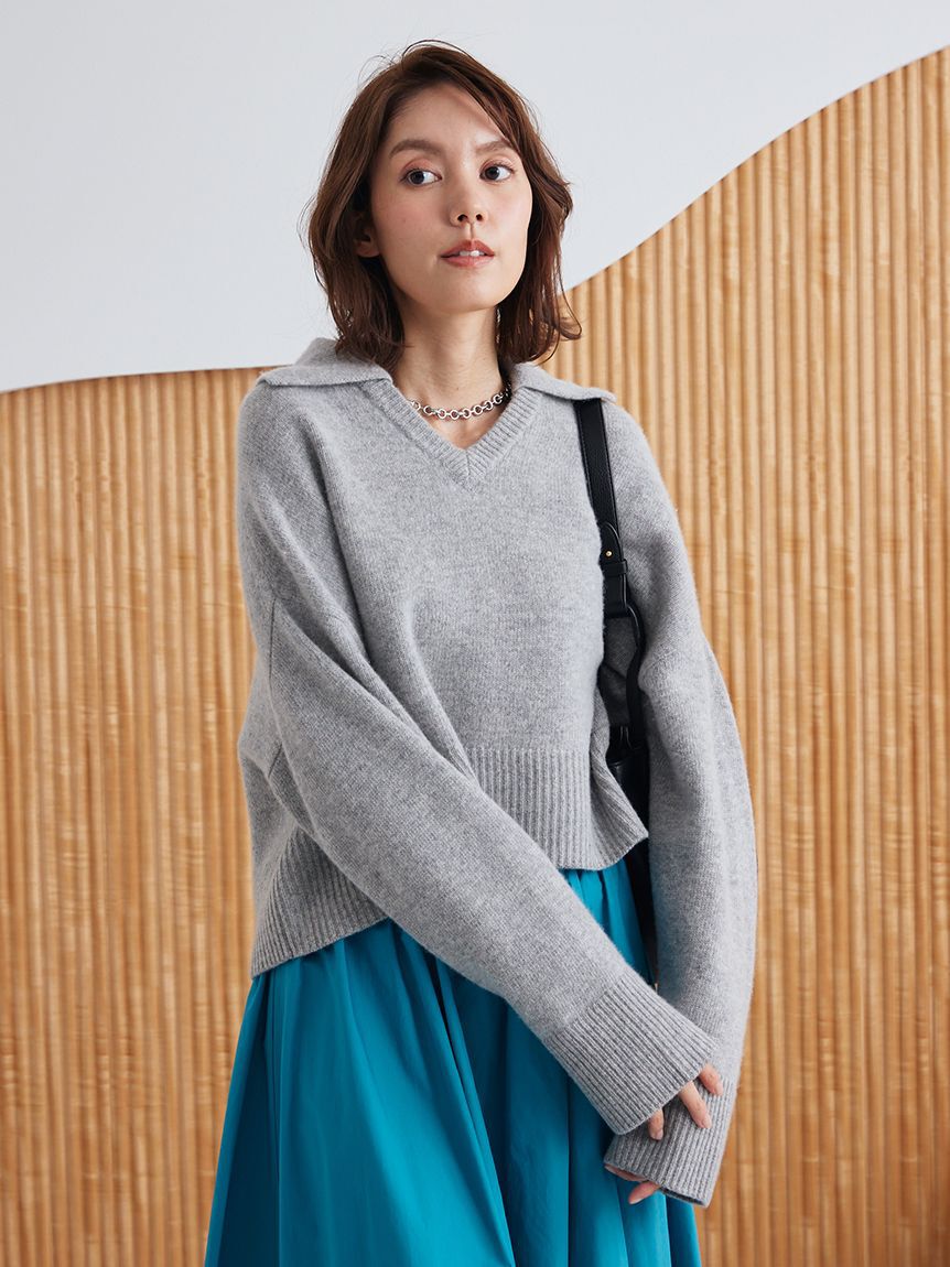 Mila Owen「ウールカシミヤ衿付きVネックニット」|ニット・セーター|