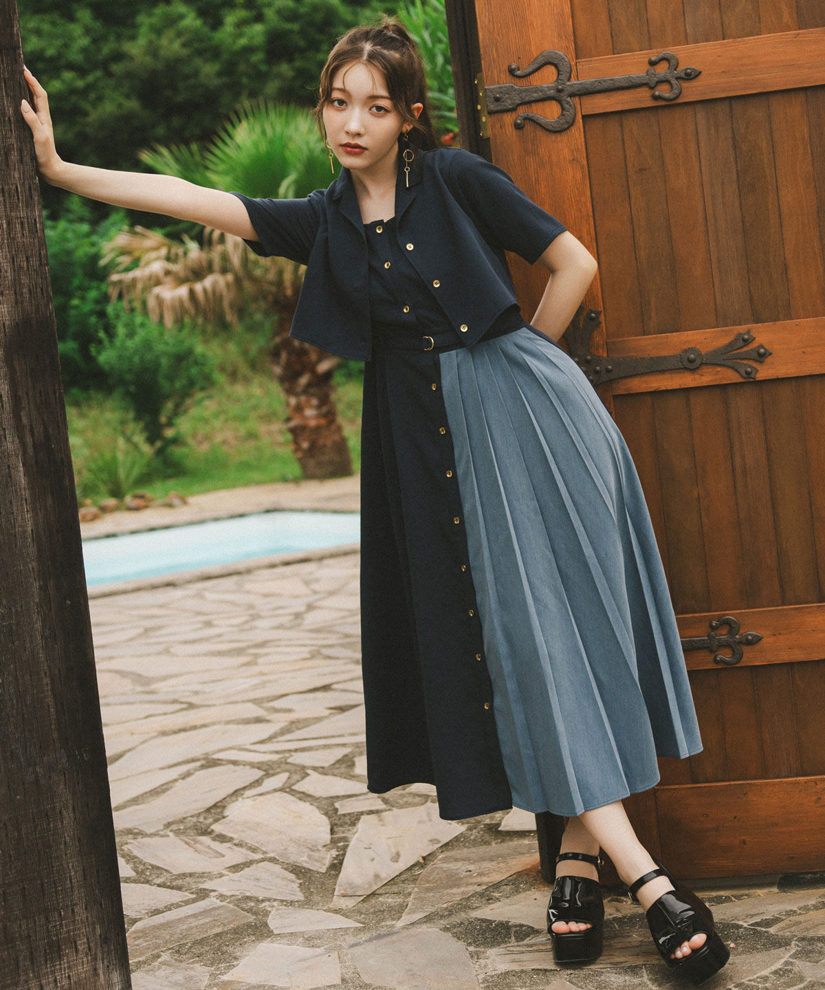 REDYAZEL「バイカラーアシメプリーツシャツワンピース」|ワンピース|