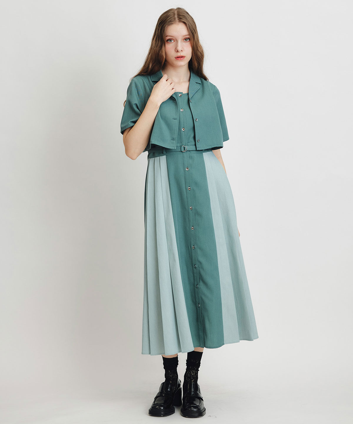 REDYAZEL「レイヤードサイドプリーツバイカラーロングワンピース」|ワンピース|