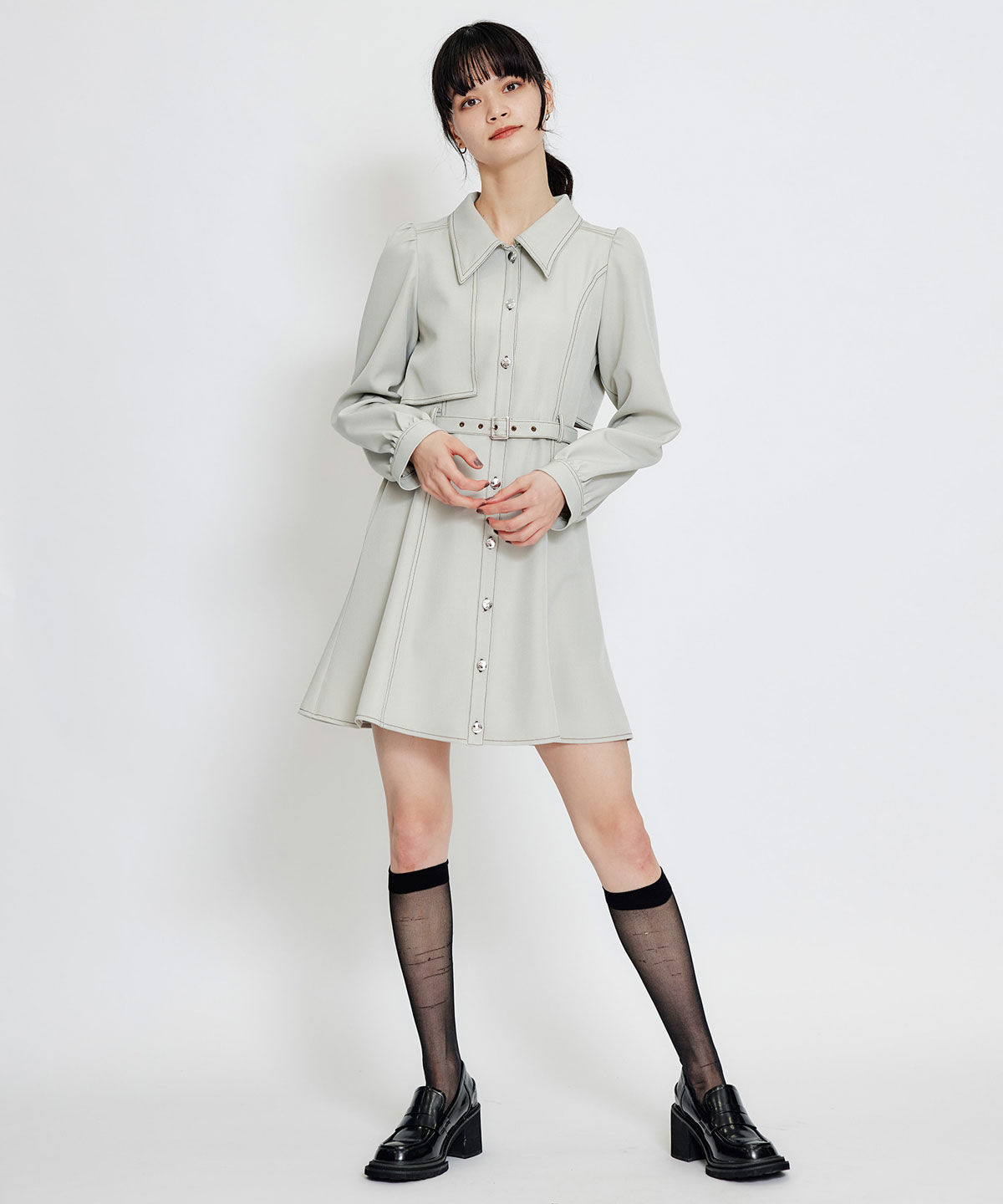 REDYAZEL「バイカラーステッチフレアミニシャツワンピース」|ワンピース|