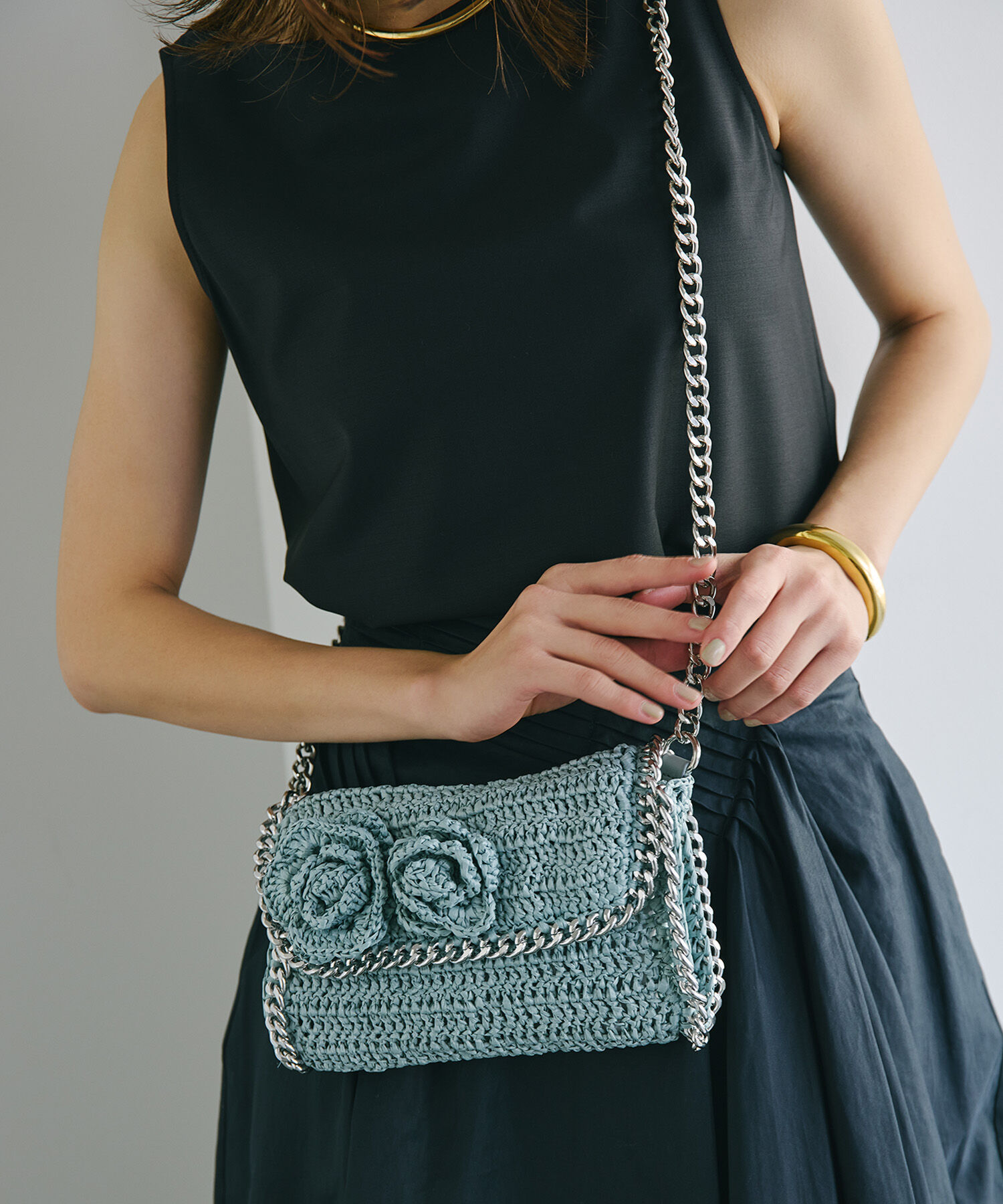 TOPKAPI TREASURE「【TREASURE TOPKAPI】フラワーモチーフ チェーン ショルダーバッグ」|ショルダー・メッセンジャー|ブルーグレー