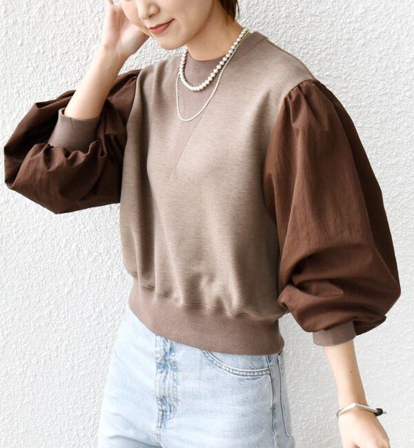 SHIPS for women「【WEB限定】〈手洗い可能〉エア ダンボール 布帛 コンビ プルオーバー」|スウェット・ジャージ|ブラウン