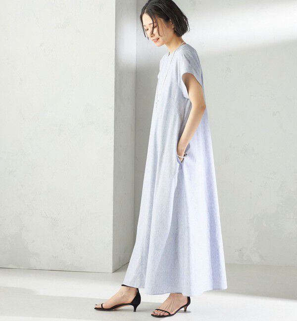 SHIPS for women「〈接触冷感・手洗い可能〉麻混 シャンブレー フレア ワンピース」|ワンピース|ライトブルー