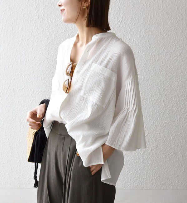 SHIPS any「《予約》SHIPS any:〈洗濯機可能〉楊柳 シアー バンド カラー フレア シャツ」|シャツ・ブラウス|