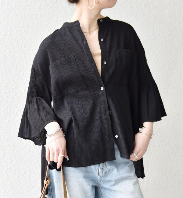 SHIPS any「《予約》SHIPS any:〈洗濯機可能〉楊柳 シアー バンド カラー フレア シャツ」|シャツ・ブラウス|