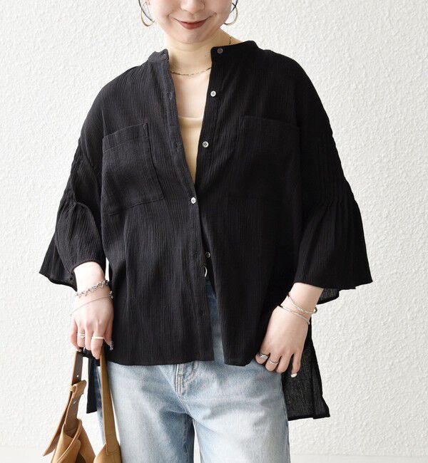 SHIPS any「《予約》SHIPS any:〈洗濯機可能〉楊柳 シアー バンド カラー フレア シャツ」|シャツ・ブラウス|