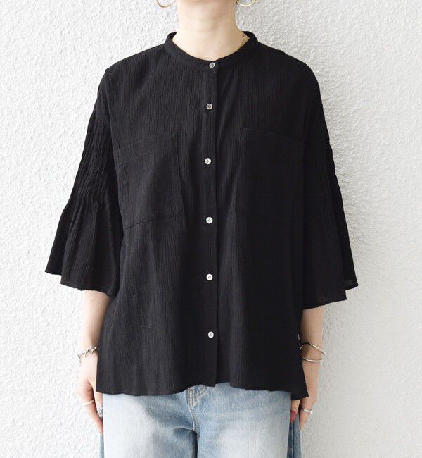 SHIPS any「《予約》SHIPS any:〈洗濯機可能〉楊柳 シアー バンド カラー フレア シャツ」|シャツ・ブラウス|