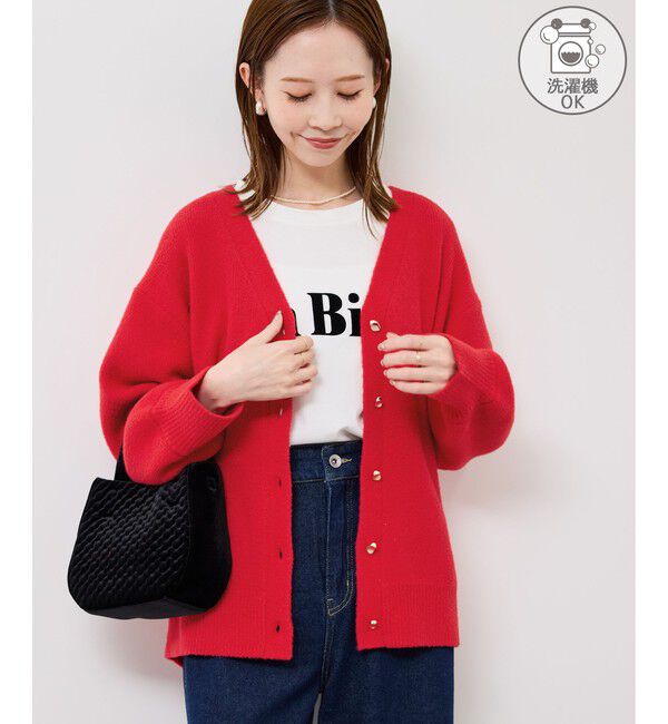 Rope&rsquo;Picnic「【新色追加】スフレニットシリーズ 変形メタルボタンミドル丈カーディガン/イージーケア・リンクコーデ」|カーディガン|レッド(60)