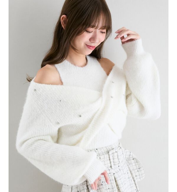  「オープンショルダーカシュクールニット」|ニット・セーター|アイボリー