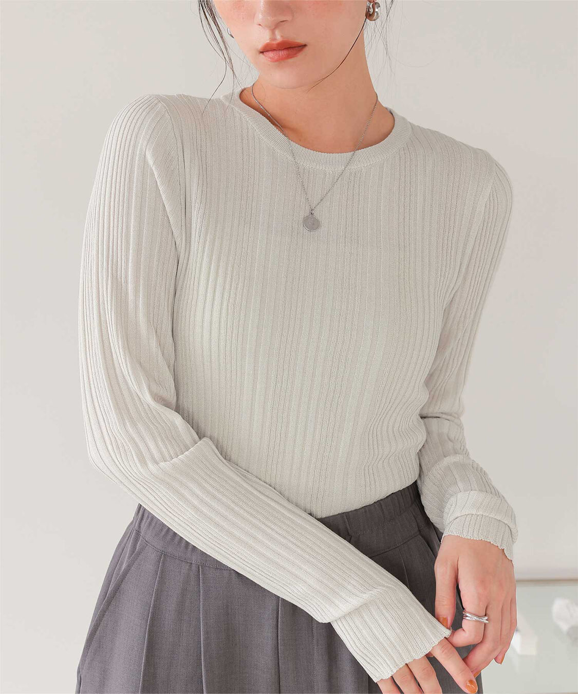 titivate「クルーネックランダムリブシアーニット」|ニット・セーター|ライトグレー
