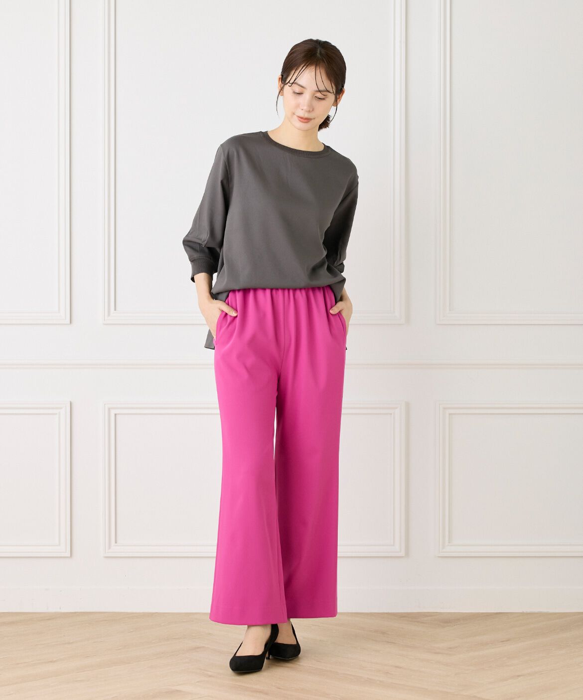 Le Souk「《大きいサイズ》異素材リブ 七分袖プルオーバー」|Tシャツ・カットソー|