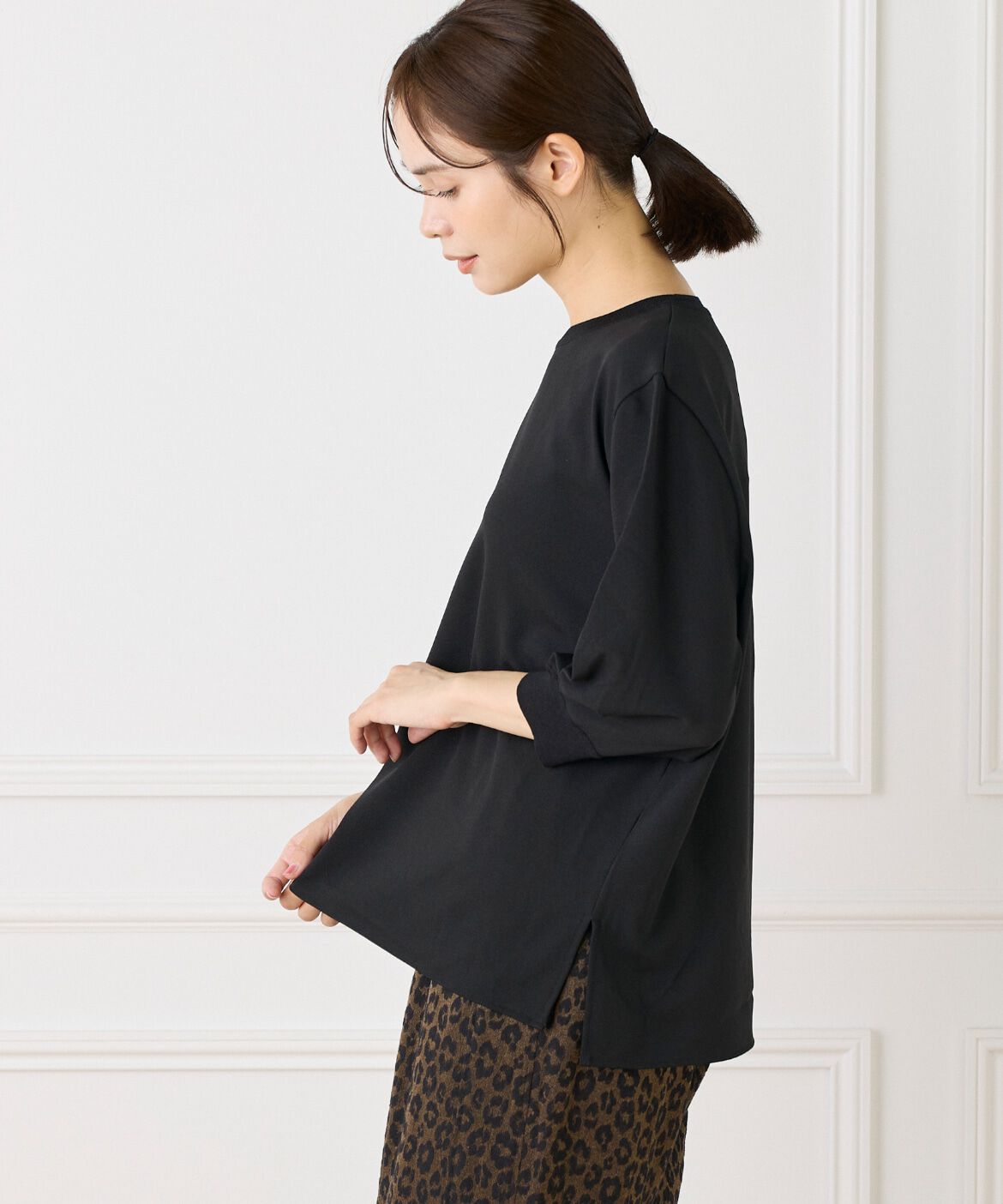 Le Souk「《大きいサイズ》異素材リブ 七分袖プルオーバー」|Tシャツ・カットソー|