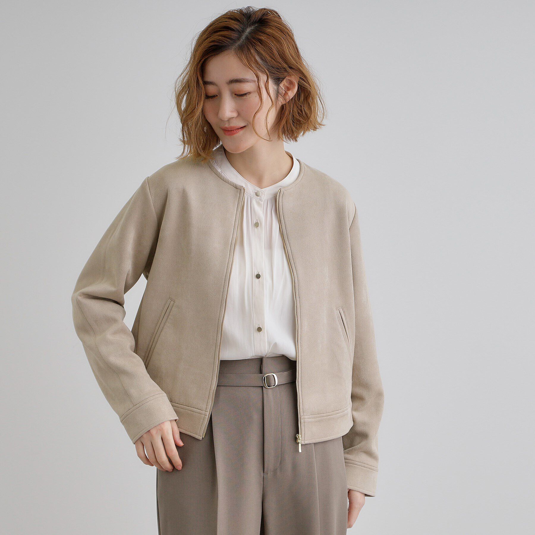 grove「スエードライクノーカラージャケット」|ブルゾン・スタジャン|ライトベージュ(05