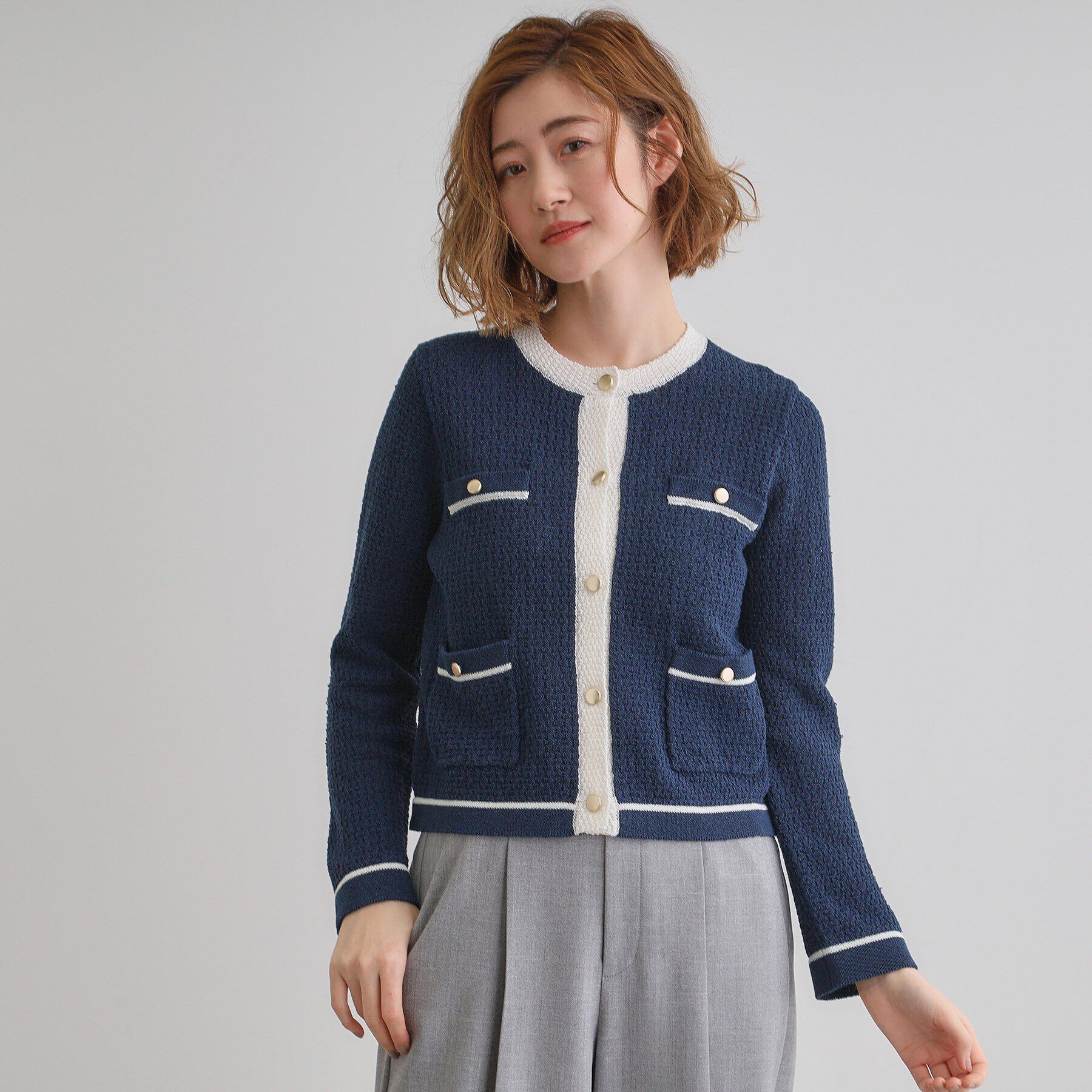 grove「バイカラーニットジャケット」|カーディガン|