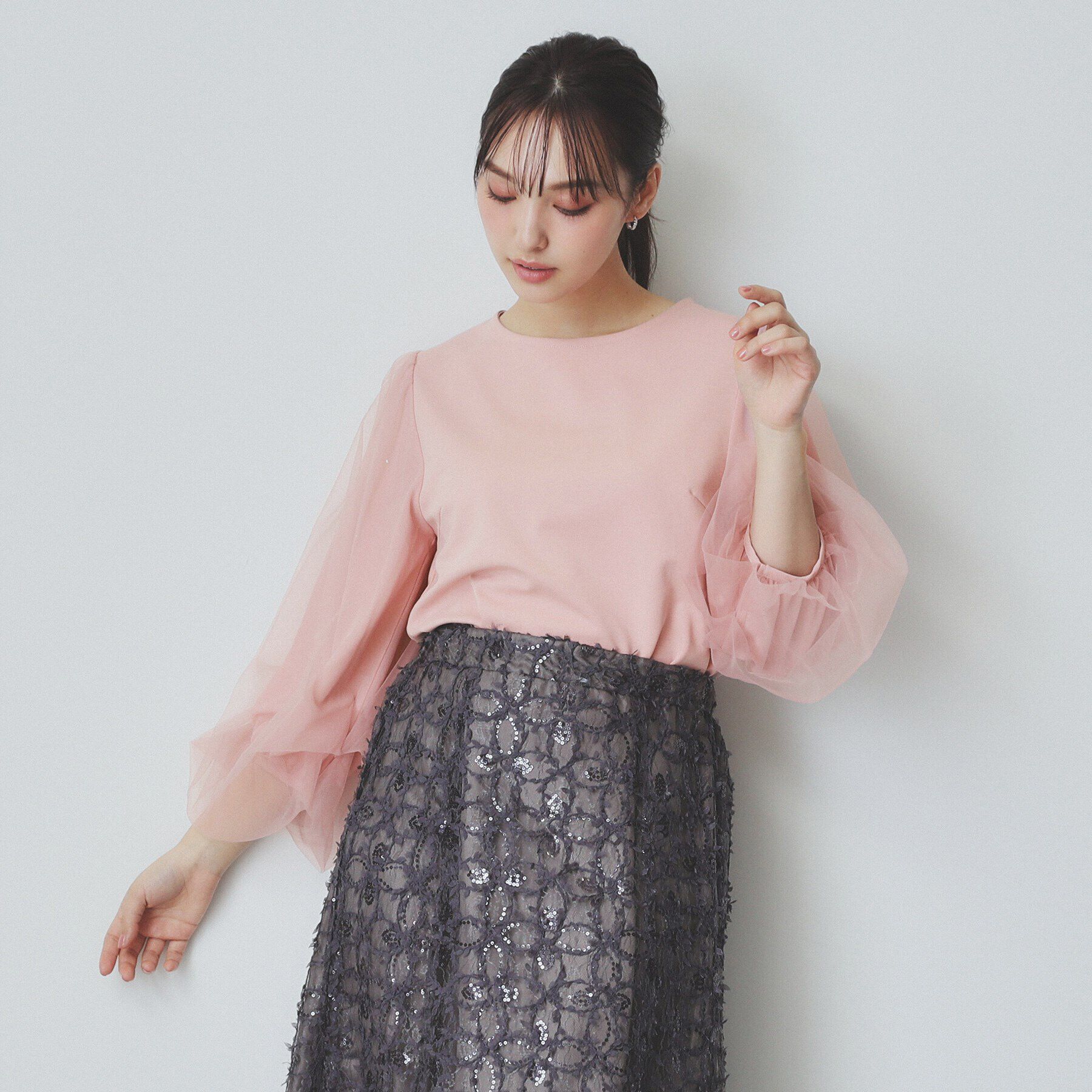 index「ビジュー付きチュールバルーンスリーブトップス【洗濯機洗い可】」|Tシャツ・カットソー|