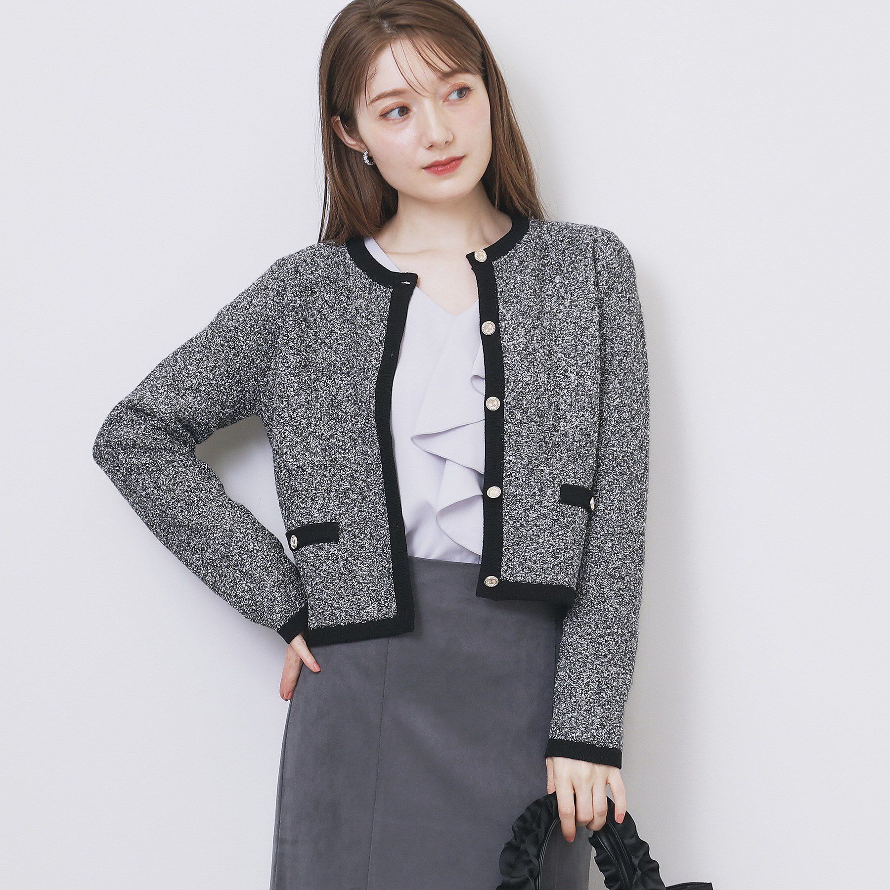 index「ミックスヤーンクルーカーディガン【洗濯機OK】」|カーディガン|ブラック(019)